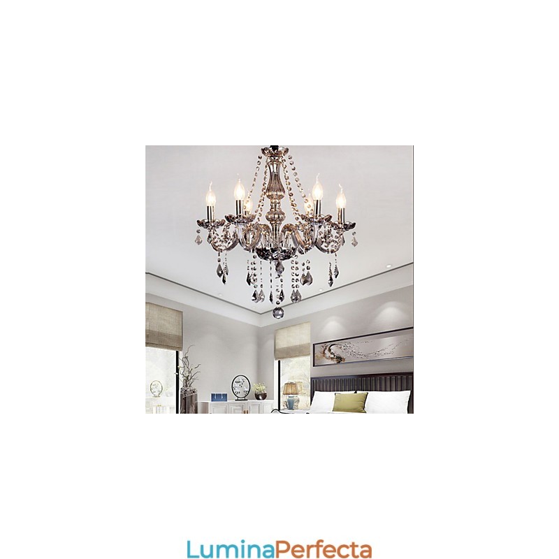 Candelabru din cristal european cu 6 lumini, sticlă și cristal de culoare gri