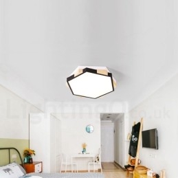 Plafoniera hexagonală din lemn, dimmerabilă în mai multe culori, cu abajur din acril, în stil nordic