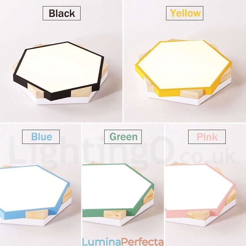 Plafoniera hexagonală din lemn, dimmerabilă în mai multe culori, cu abajur din acril, în stil nordic