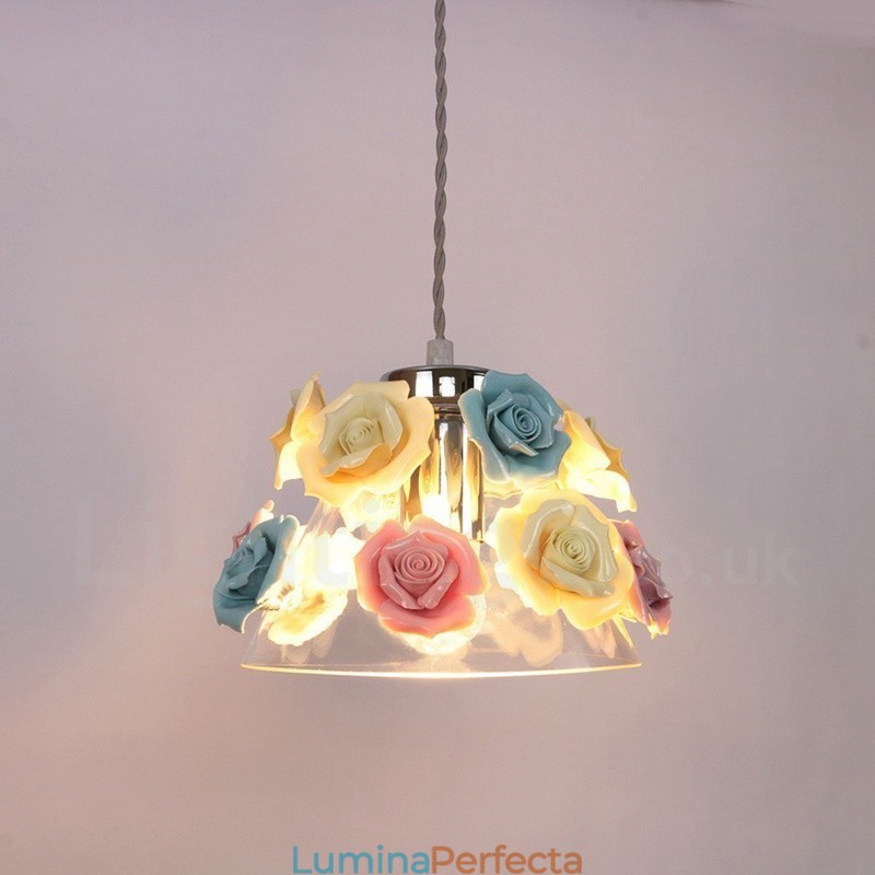 Lampă de tavan cu flori de macaron în mai multe culori, cu abajur din sticlă