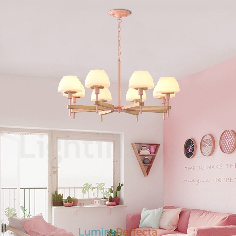 6 lumini 8 lumini multi culori din lemn de macaron pandantiv cu nuante de sticla candelabru stil nordic