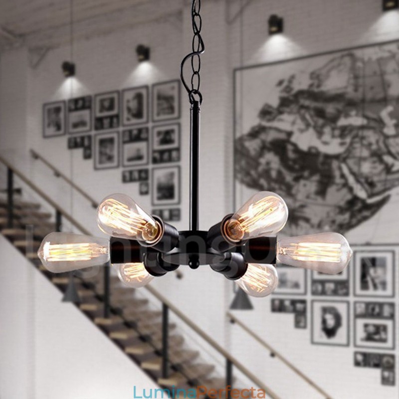6 lumini rustice retro vintage negru cu pandantiv design