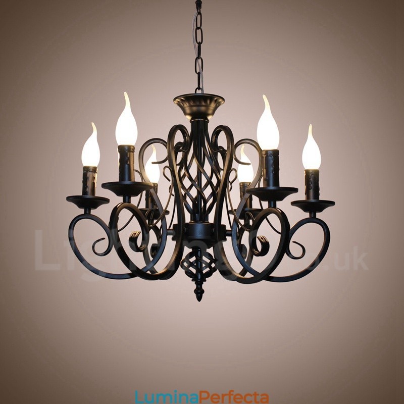 Candelabru cu pandantiv cu 6 lumini, rustic, retro, negru, alb