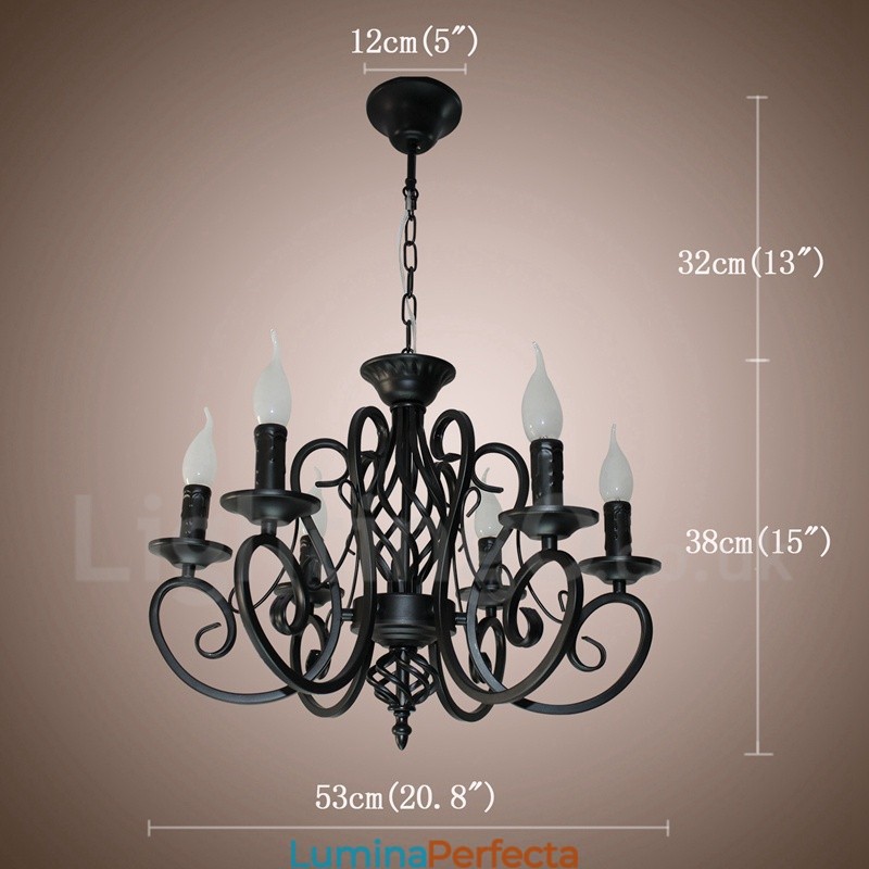 Candelabru cu pandantiv cu 6 lumini, rustic, retro, negru, alb