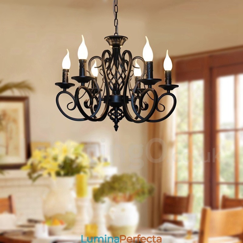 Candelabru cu pandantiv cu 6 lumini, rustic, retro, negru, alb