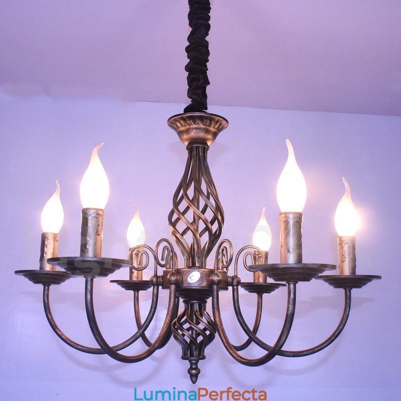 Candelabru cu pandantiv cu 6 lumini, rustic, retro, negru, alb