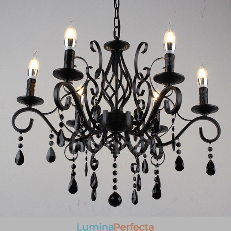 Candelabru cu pandantiv cu 6 lumini, cristal, rustic, retro, negru, alb, albastru