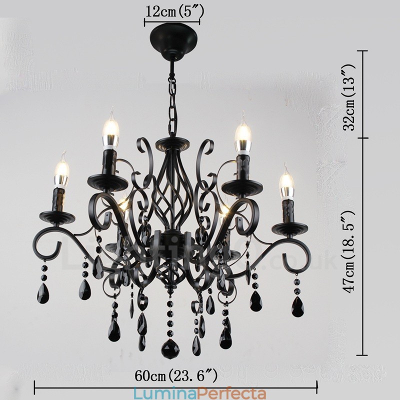 Candelabru cu pandantiv cu 6 lumini, cristal, rustic, retro, negru, alb, albastru