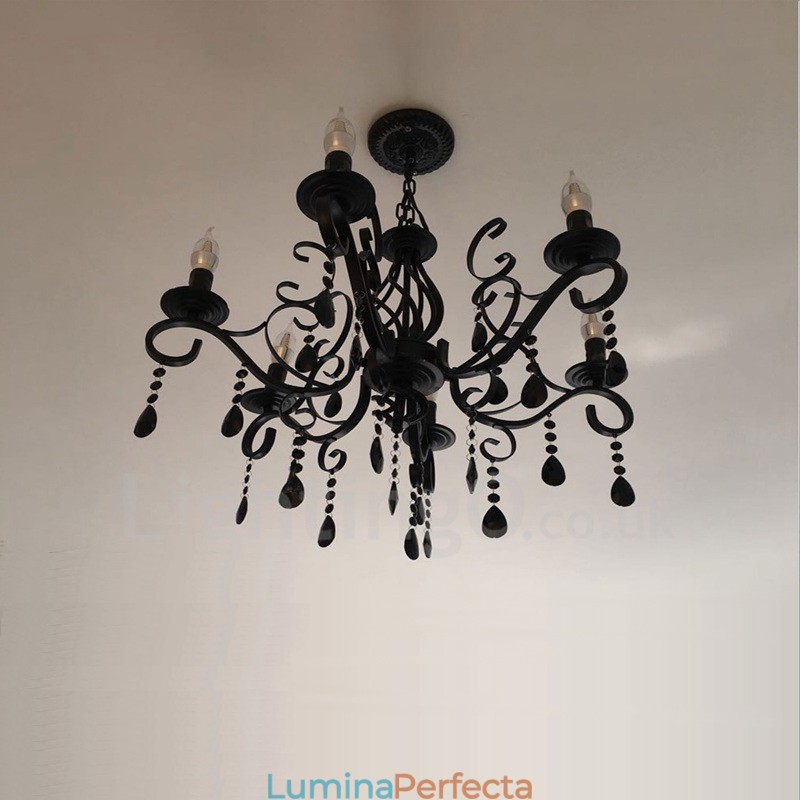 Candelabru cu pandantiv cu 6 lumini, cristal, rustic, retro, negru, alb, albastru