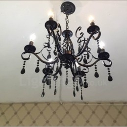 Candelabru cu pandantiv cu 6 lumini, cristal, rustic, retro, negru, alb, albastru