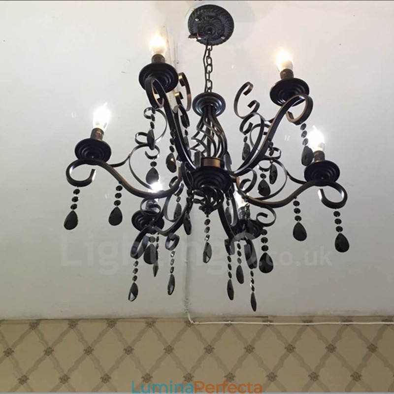 Candelabru cu pandantiv cu 6 lumini, cristal, rustic, retro, negru, alb, albastru