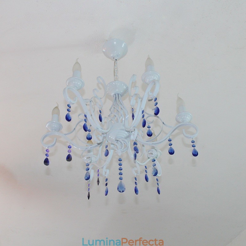 Candelabru cu pandantiv cu 6 lumini, cristal, rustic, retro, negru, alb, albastru