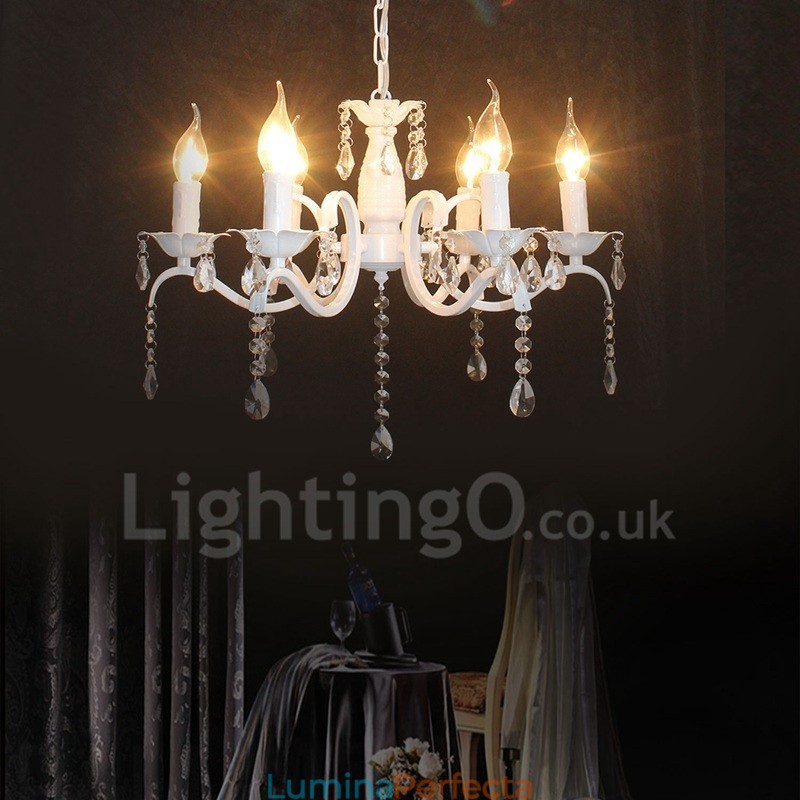 Candelabru cu pandantiv alb, rustic, retro, vintage, cu 6 lumini din cristal