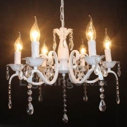 Candelabru cu pandantiv alb, rustic, retro, vintage, cu 6 lumini din cristal