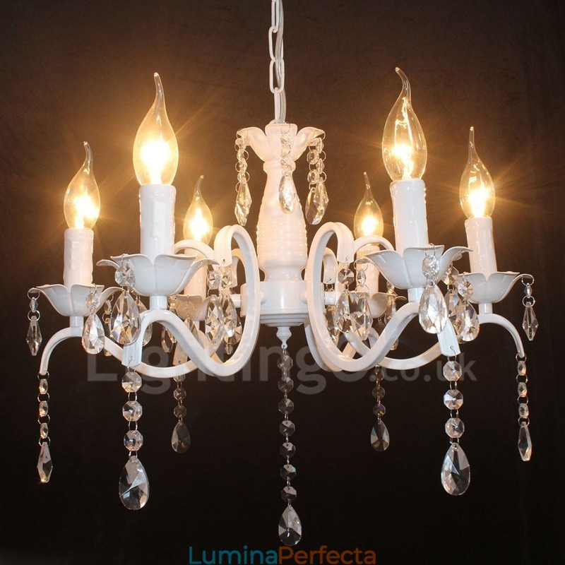 Candelabru cu pandantiv alb, rustic, retro, vintage, cu 6 lumini din cristal