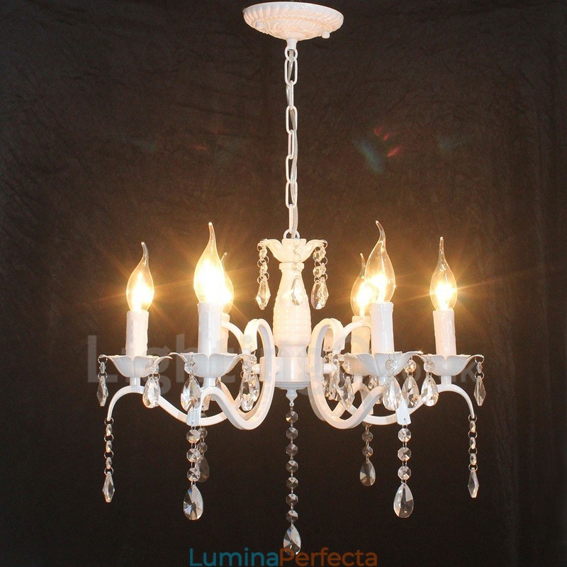 Candelabru cu pandantiv alb, rustic, retro, vintage, cu 6 lumini din cristal