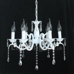 Candelabru cu pandantiv alb, rustic, retro, vintage, cu 6 lumini din cristal