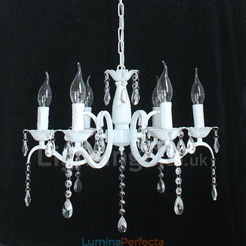 Candelabru cu pandantiv alb, rustic, retro, vintage, cu 6 lumini din cristal
