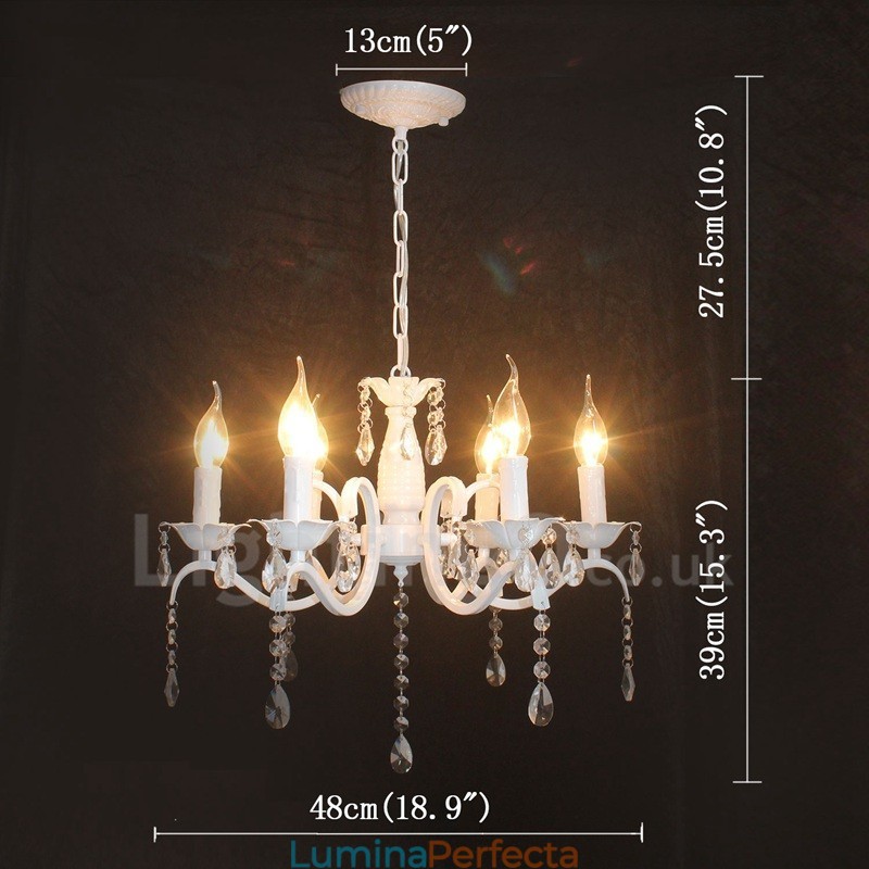 Candelabru cu pandantiv alb, rustic, retro, vintage, cu 6 lumini din cristal