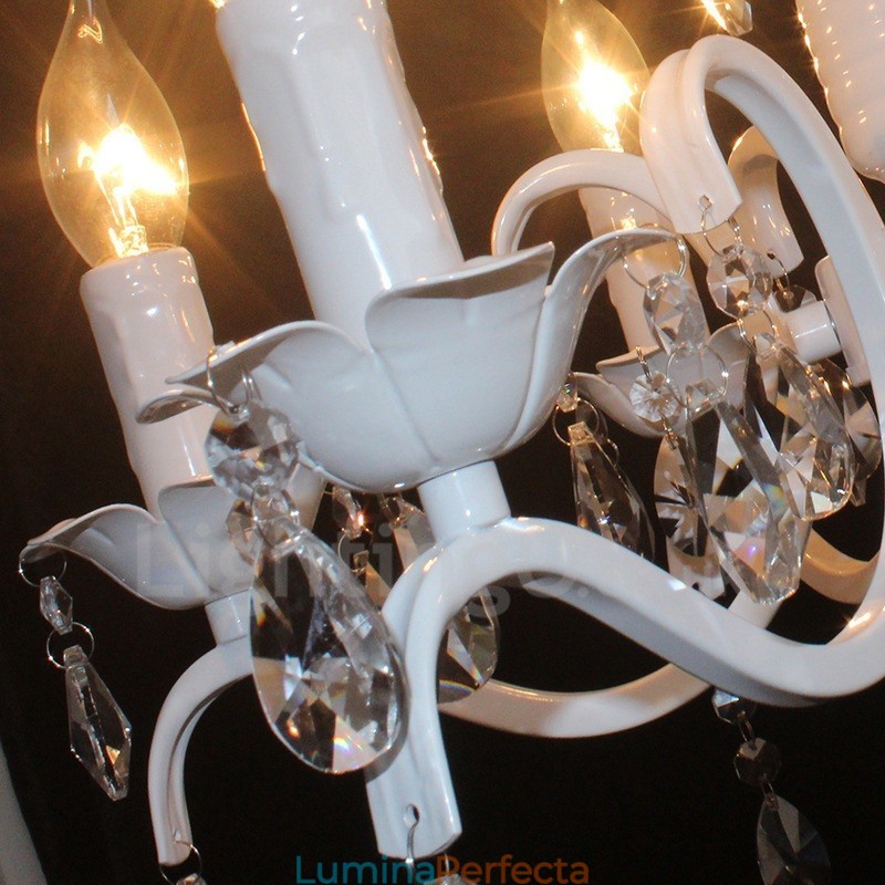 Candelabru cu pandantiv alb, rustic, retro, vintage, cu 6 lumini din cristal