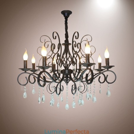 Candelabru cu pandantiv negru, rustic, retro, vintage, cu 8 lumini, cristal Candelabru cu pandantiv negru, rustic, retro, vintage, cu 8 lumini, cristal