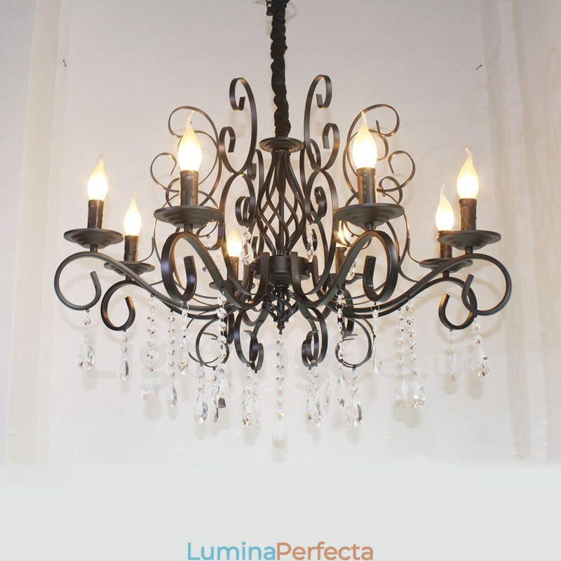 Candelabru cu pandantiv negru, rustic, retro, vintage, cu 8 lumini, cristal