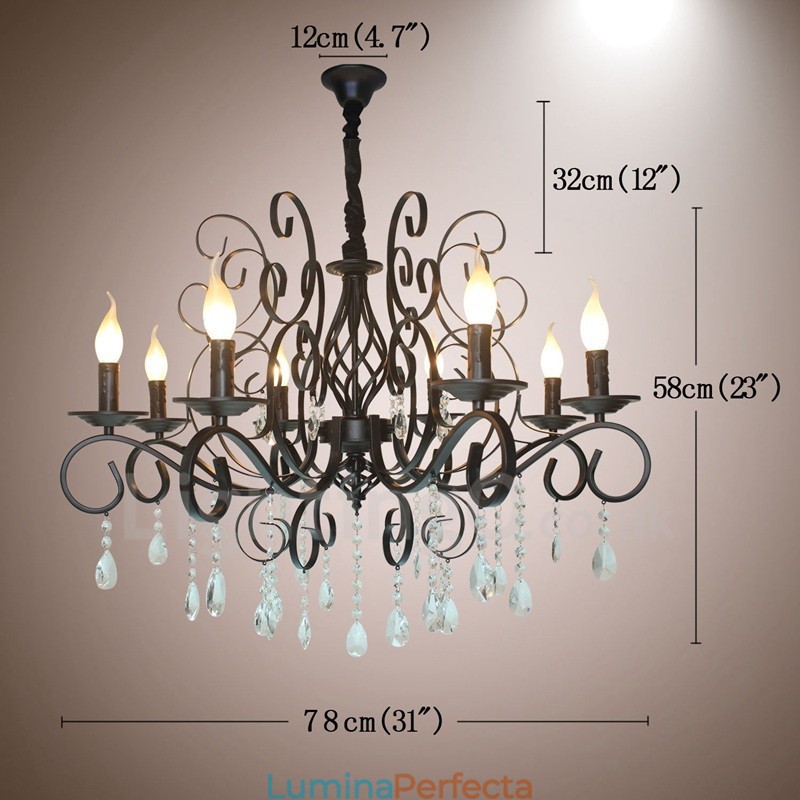 Candelabru cu pandantiv negru, rustic, retro, vintage, cu 8 lumini, cristal