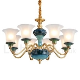 Candelabru cu pandantiv din alamă, retro, vintage, din ceramică, cu abajururi de sticlă