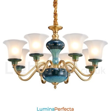 Candelabru cu pandantiv din alamă, retro, vintage, din ceramică, cu abajururi de sticlă Candelabru cu pandantiv din alamă, retro, vintage, din ceramică, cu abajururi de sticlă