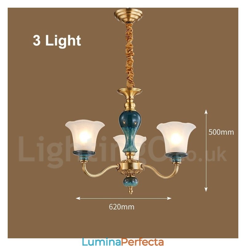 Candelabru cu pandantiv din alamă, retro, vintage, din ceramică, cu abajururi de sticlă