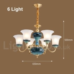 Candelabru cu pandantiv din alamă, retro, vintage, din ceramică, cu abajururi de sticlă