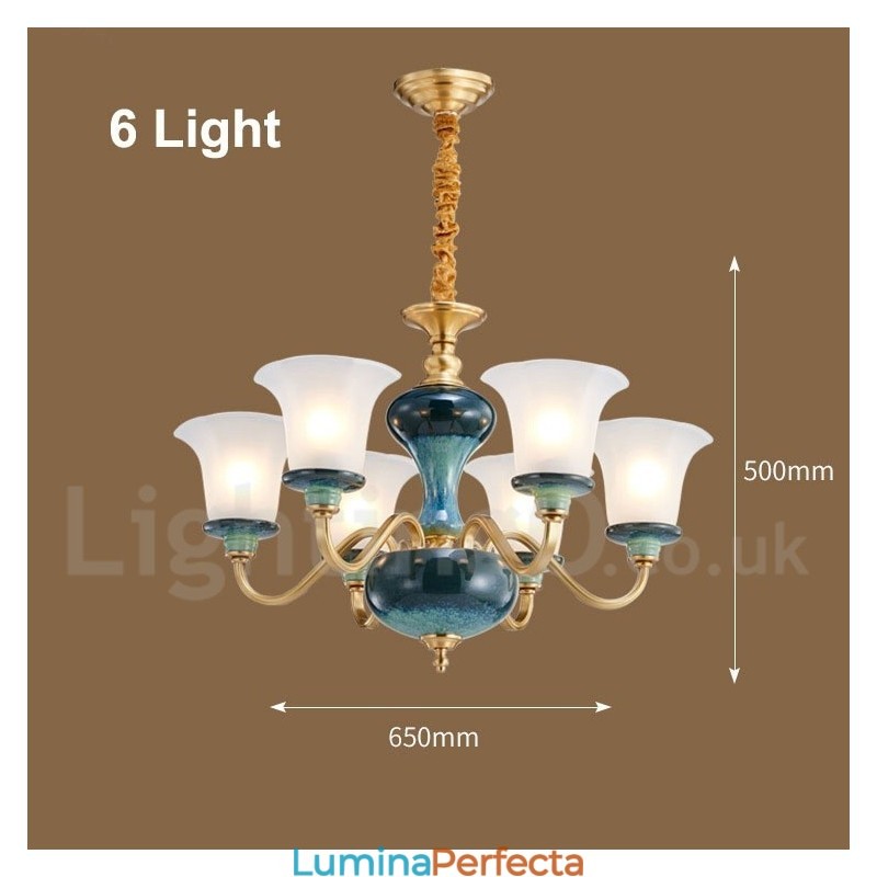 Candelabru cu pandantiv din alamă, retro, vintage, din ceramică, cu abajururi de sticlă