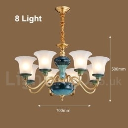 Candelabru cu pandantiv din alamă, retro, vintage, din ceramică, cu abajururi de sticlă