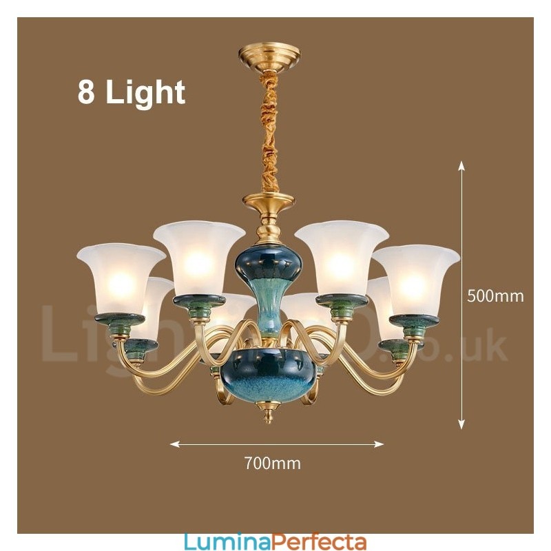 Candelabru cu pandantiv din alamă, retro, vintage, din ceramică, cu abajururi de sticlă