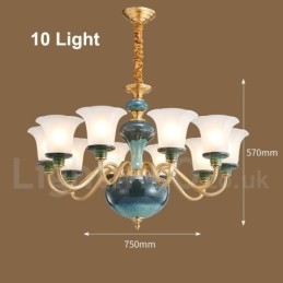 Candelabru cu pandantiv din alamă, retro, vintage, din ceramică, cu abajururi de sticlă
