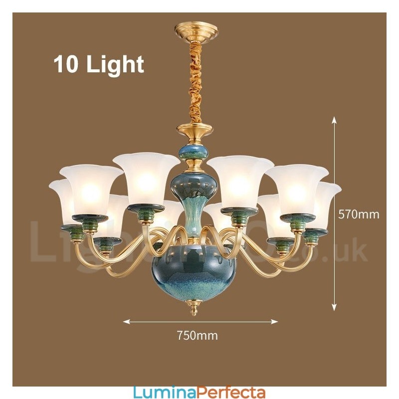 Candelabru cu pandantiv din alamă, retro, vintage, din ceramică, cu abajururi de sticlă