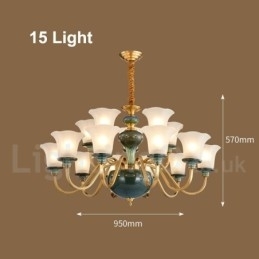 Candelabru cu pandantiv din alamă, retro, vintage, din ceramică, cu abajururi de sticlă