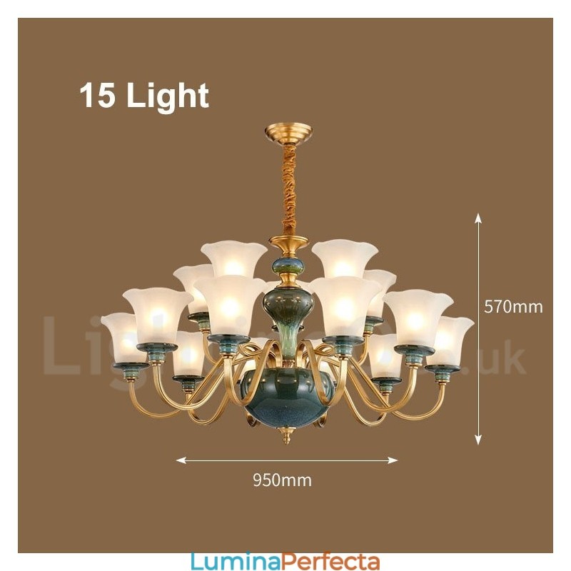 Candelabru cu pandantiv din alamă, retro, vintage, din ceramică, cu abajururi de sticlă