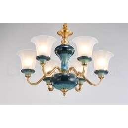Candelabru cu pandantiv din alamă, retro, vintage, din ceramică, cu abajururi de sticlă