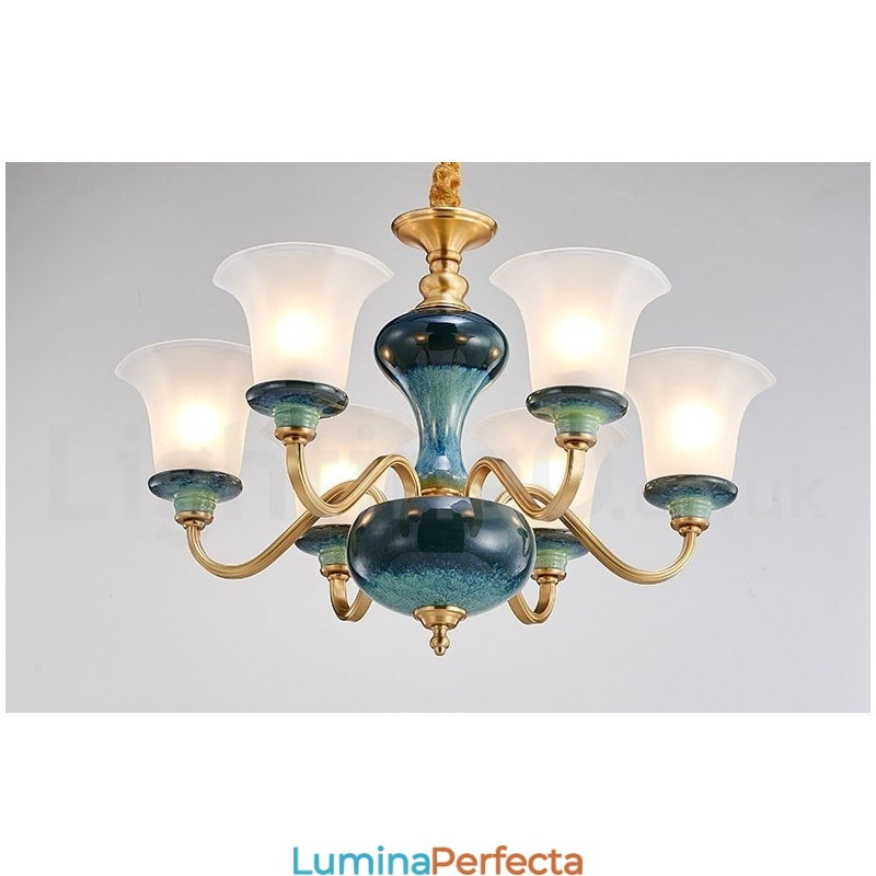 Candelabru cu pandantiv din alamă, retro, vintage, din ceramică, cu abajururi de sticlă