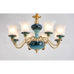 Candelabru cu pandantiv din alamă, retro, vintage, din ceramică, cu abajururi de sticlă