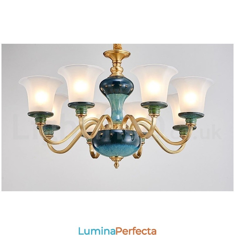 Candelabru cu pandantiv din alamă, retro, vintage, din ceramică, cu abajururi de sticlă