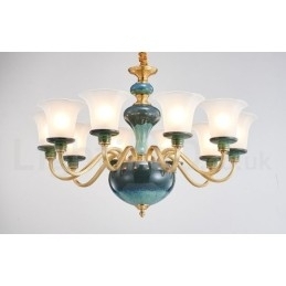 Candelabru cu pandantiv din alamă, retro, vintage, din ceramică, cu abajururi de sticlă