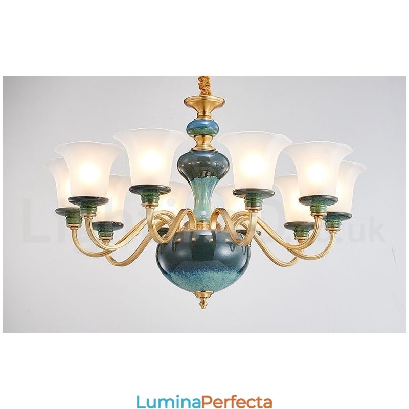Candelabru cu pandantiv din alamă, retro, vintage, din ceramică, cu abajururi de sticlă