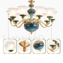 Candelabru cu pandantiv din alamă, retro, vintage, din ceramică, cu abajururi de sticlă