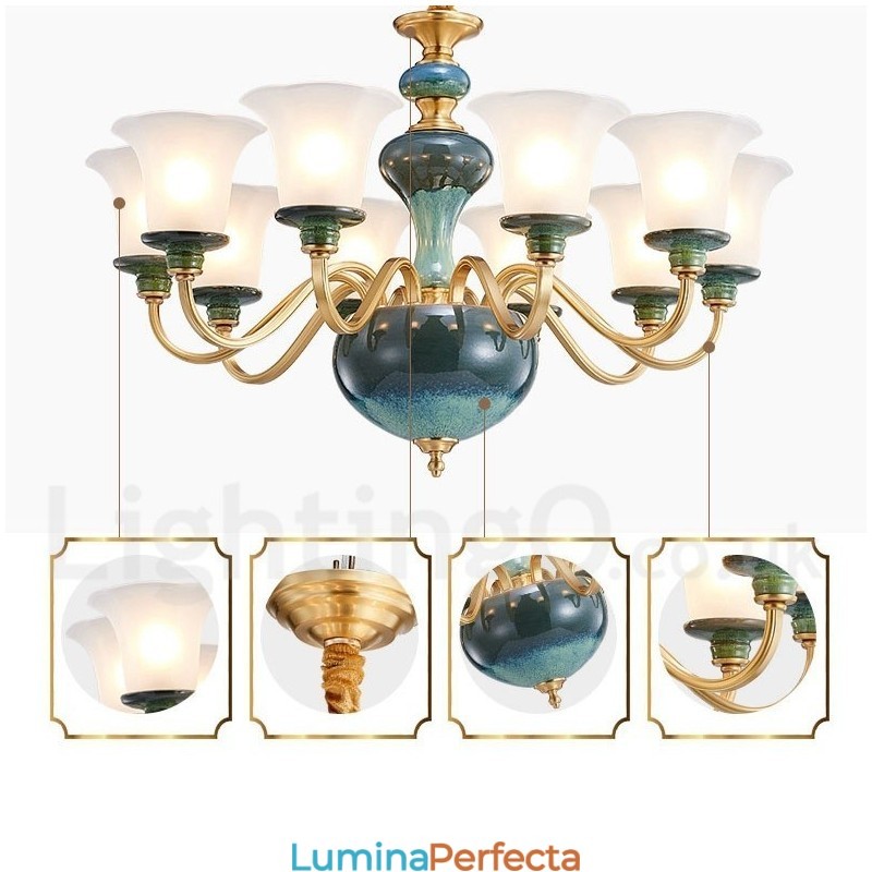 Candelabru cu pandantiv din alamă, retro, vintage, din ceramică, cu abajururi de sticlă