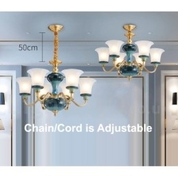 Candelabru cu pandantiv din alamă, retro, vintage, din ceramică, cu abajururi de sticlă