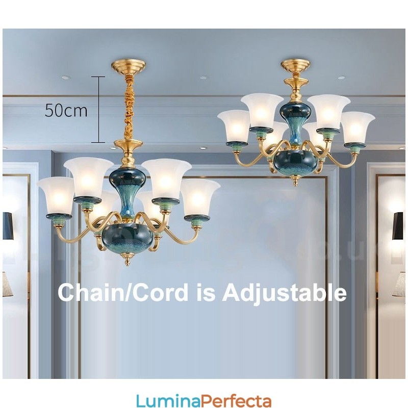 Candelabru cu pandantiv din alamă, retro, vintage, din ceramică, cu abajururi de sticlă
