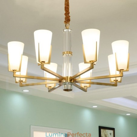 Candelabru cu pandantiv din alamă, retro, vintage, cu abajururi de sticlă