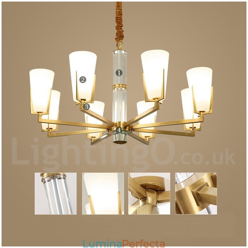 Candelabru cu pandantiv din alamă, retro, vintage, cu abajururi de sticlă